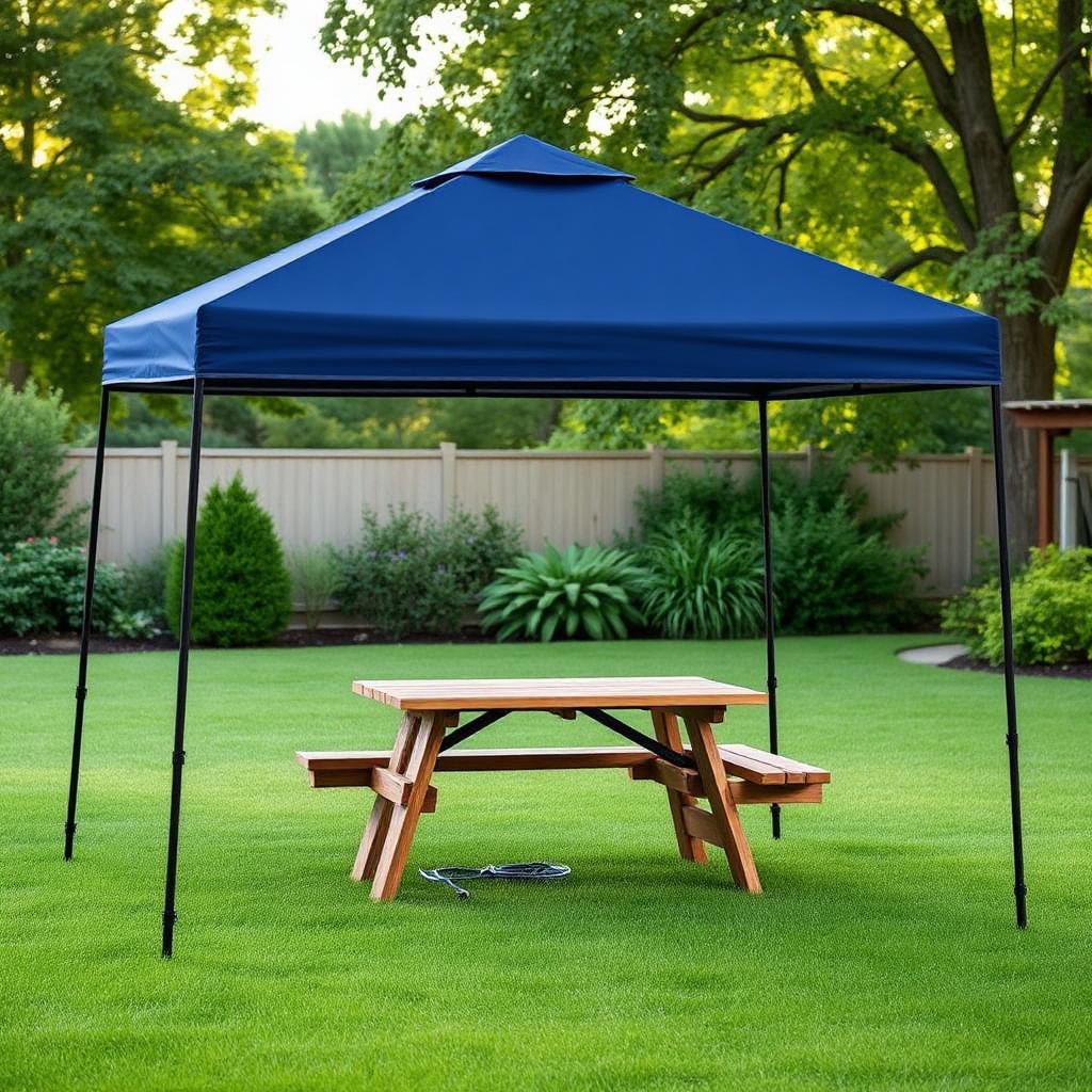Navy blue Coleman instant pop up canopy over a picnic table in a green backyard
