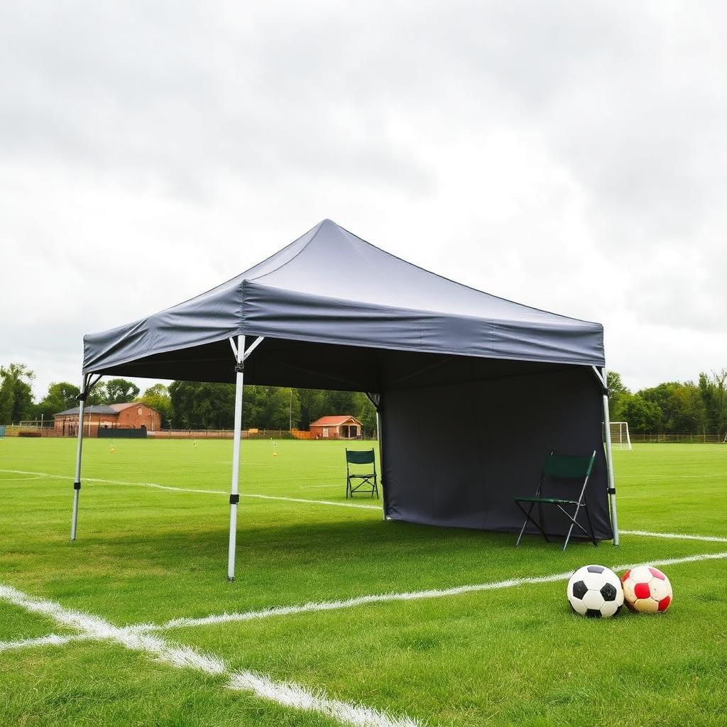 Slate gray ShelterLogic truss-frame pop up canopy on a soccer sideline