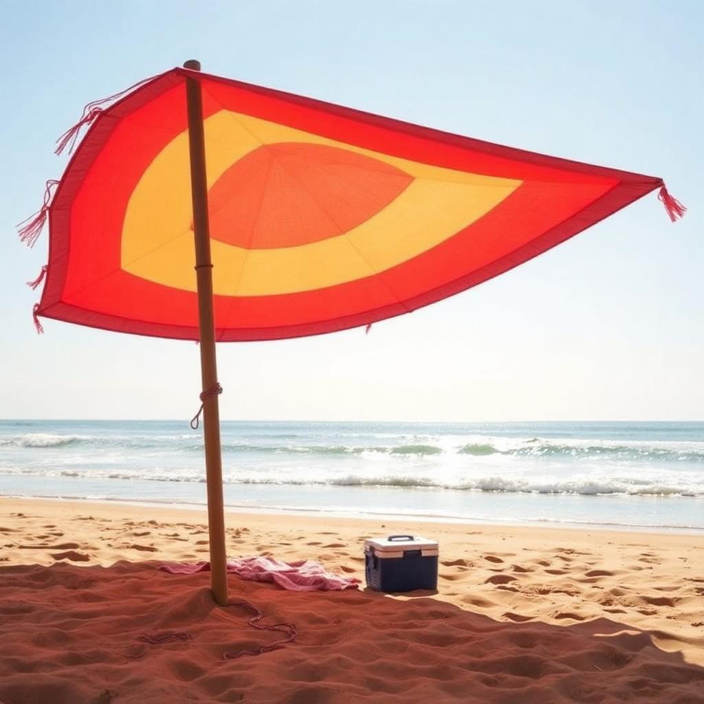 Colorful Shibumi wind-powered beach shade staked into golden sand by the ocean